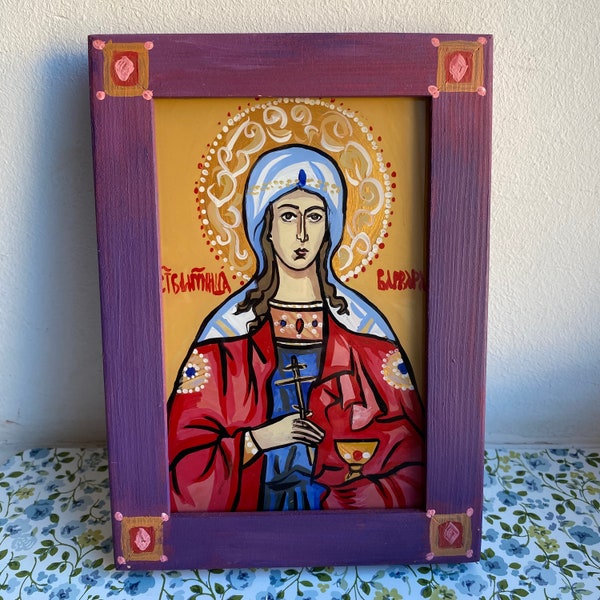Hand Painted Saint Varvara Icon, Saint Barbara, Orthodox Byzantine Icon, Painted Orthodox Icon, Christian Religious Gifts, Wall Hanging Icon