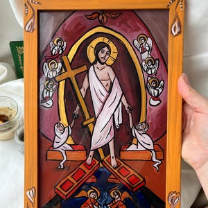 Coptic Resurrection Icon Hand Painted on Glass — Christ Raising Adam and Eve