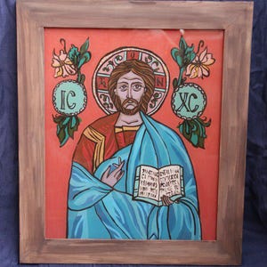 Christ Pantocrator Icon on Glass: Hand-painted Blessing Jesus with Gospel Book Wall Art