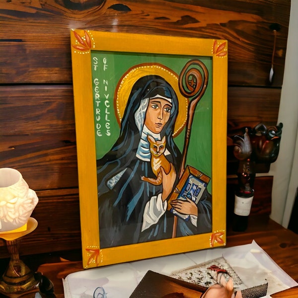 Catholic Icon of St. Gertrude of Nivelles, Religious NewHome Gift, Religious Iconography, Christian Art, Catholic Wall Decor, Handmade icon