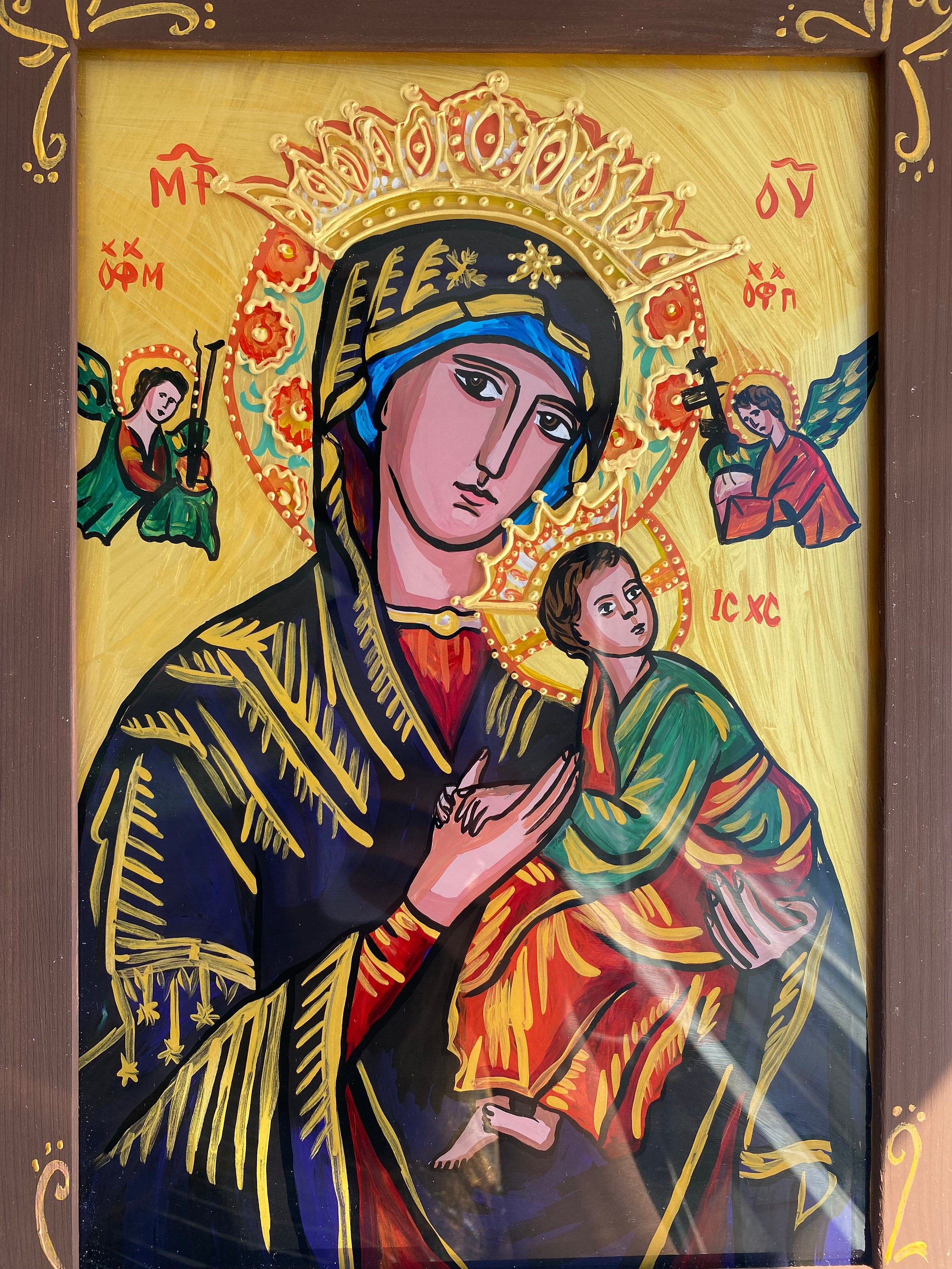 永遠の助けの聖母のイコン – 手描きの聖母マリアと幼子、正教会と