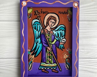 Hand-Painted Archangel Michael Icon on Glass - Byzantine Orthodox Art, Christian Religious Gifts, Spiritual Home Decor, Handmade Art