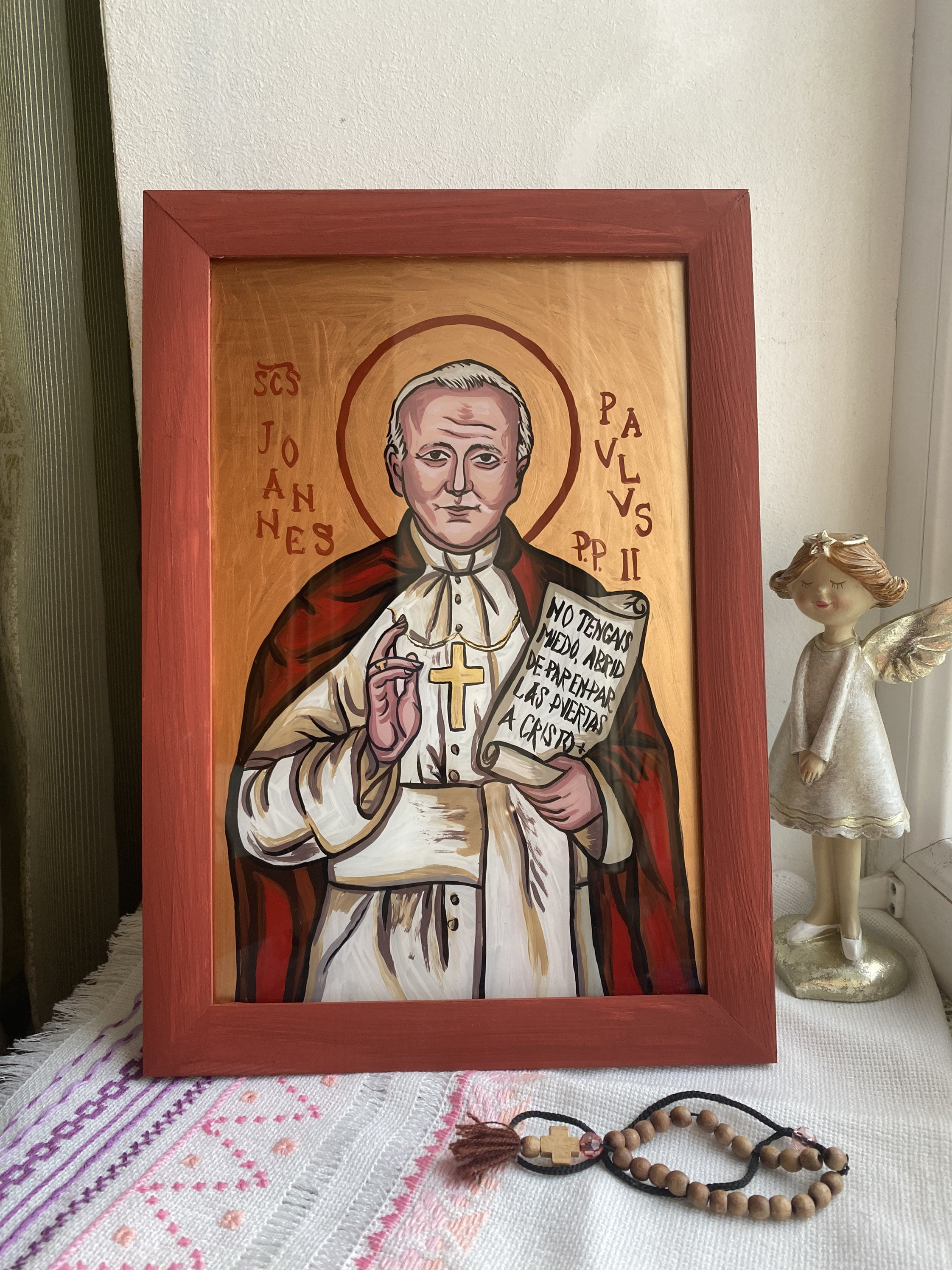 Icône catholique du pape Jean-Paul II, icône des chrétiens de Saint Jean-Paul II, icône religieuse peinte à la main sur verre, peinture sur verre, art original