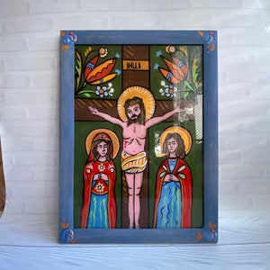Crucifixion Icon of Jesus Christ – Ukrainian Orthodox Folk Art – Hand-Painted Christian Icon on Glass – Unique Religious Wall Decor