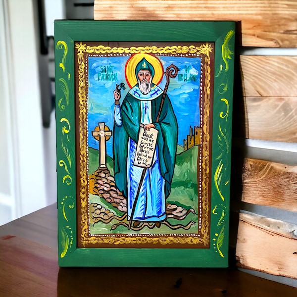 Saint Patrick icon, Handpainted Religious Catholic Icon, Christmas Gift icon, Irish saints Folk icon, Folk art on glass