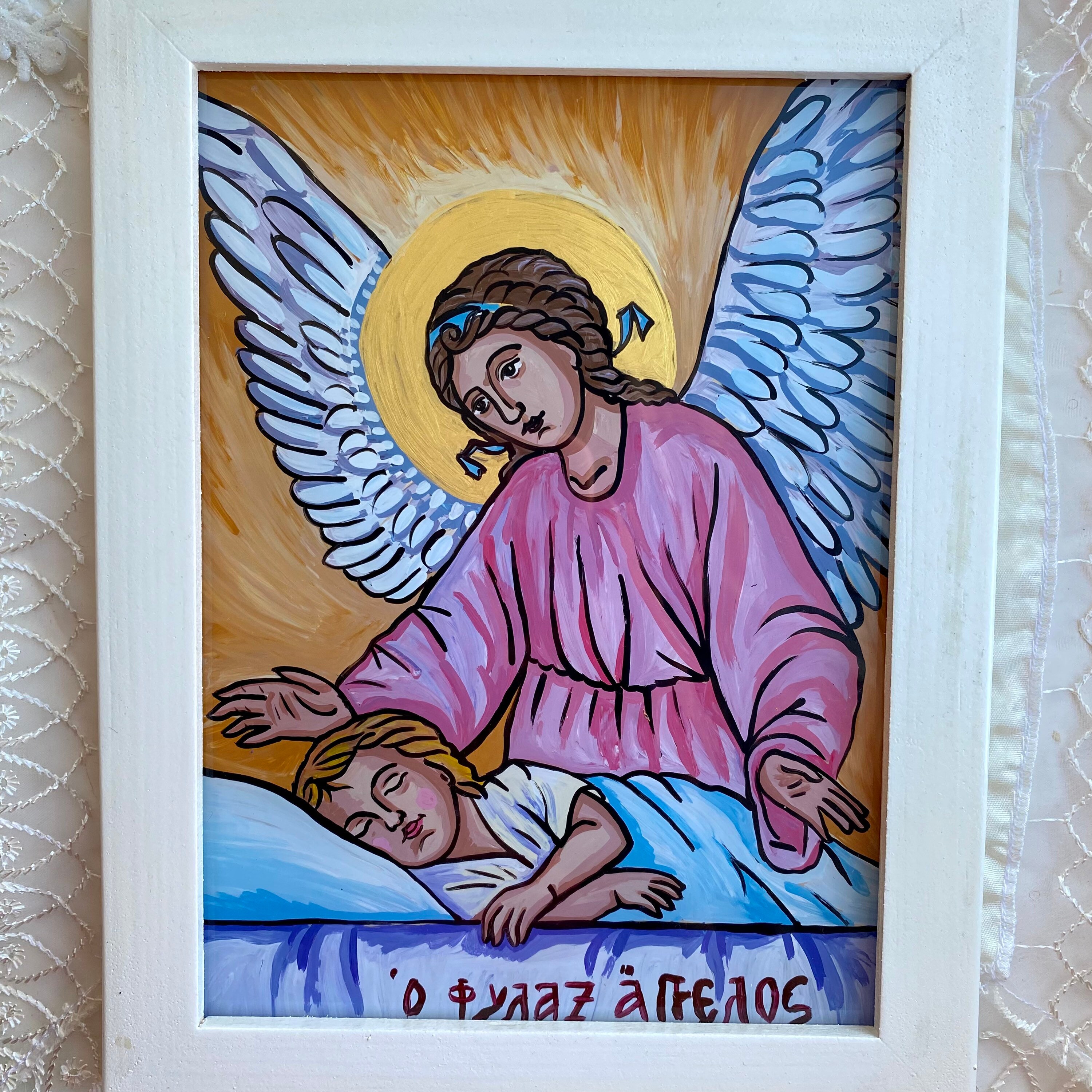 The Guardian Angel  icon ( Ο Φύλακας Άγγελος ) hand painted  Orthodox Byzantine Icon, Baptism gift icon, Gift for Son God ,gift for children