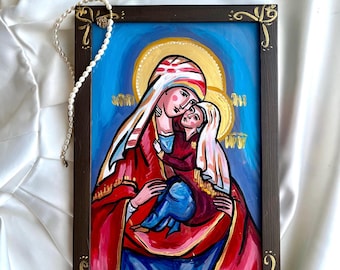 Saint Anna with Virgin Mary Icon – Hand-Painted Folk Art Patroness of Mothers & Grandmothers