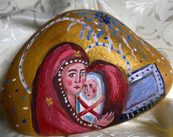 Nativity Mother of God Icon on Stone - Hand painted Ukrainian folk art