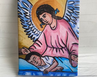 Guardian Angel Canvas Icon Print , Greek Orthodox Byzantine Art, Baptism Favor