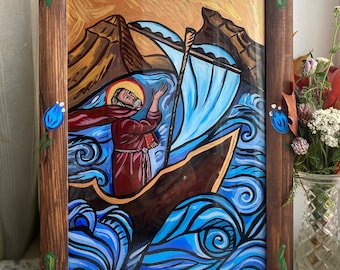 Saint Brendan, icône peinte à la main, saint catholique irlandais, iconographie byzantine, oeuvre d&#39;art religieuse, cadeau religieux, décoration de Noël