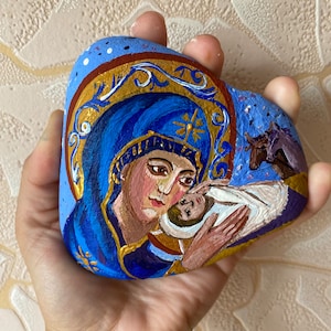 Unique Icon on Stone, Hand Painted Icon, Virgin Mary with Jesus Child, Icon of Nativity, Ukrainian Icon, Religious Artworks, Christian Gifts