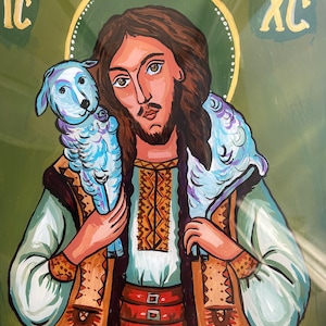 Jesus Christ Good Shepherd Icon – Hand-Painted Ukrainian Reverse Glass Icon, Orthodox Christian Art, Religious Gift, Gutsul Christ Icon
