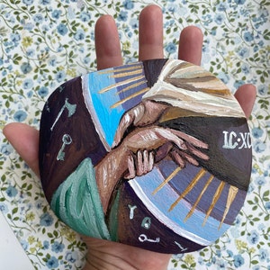 Hand Painted Icon on Stone, Jesus Christ Hand, Hand of Jesus Christ and Adam, Saint Religious Stone Icon, Ukrainian Folk Icon, Acrylic Art