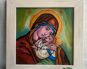 Virgin Mary Icon Panagia, Handmade Greek Icon Mother of God with Jesus Christ Byzantine , Religious Wall Decor, Saint Mary with Baby Jesus