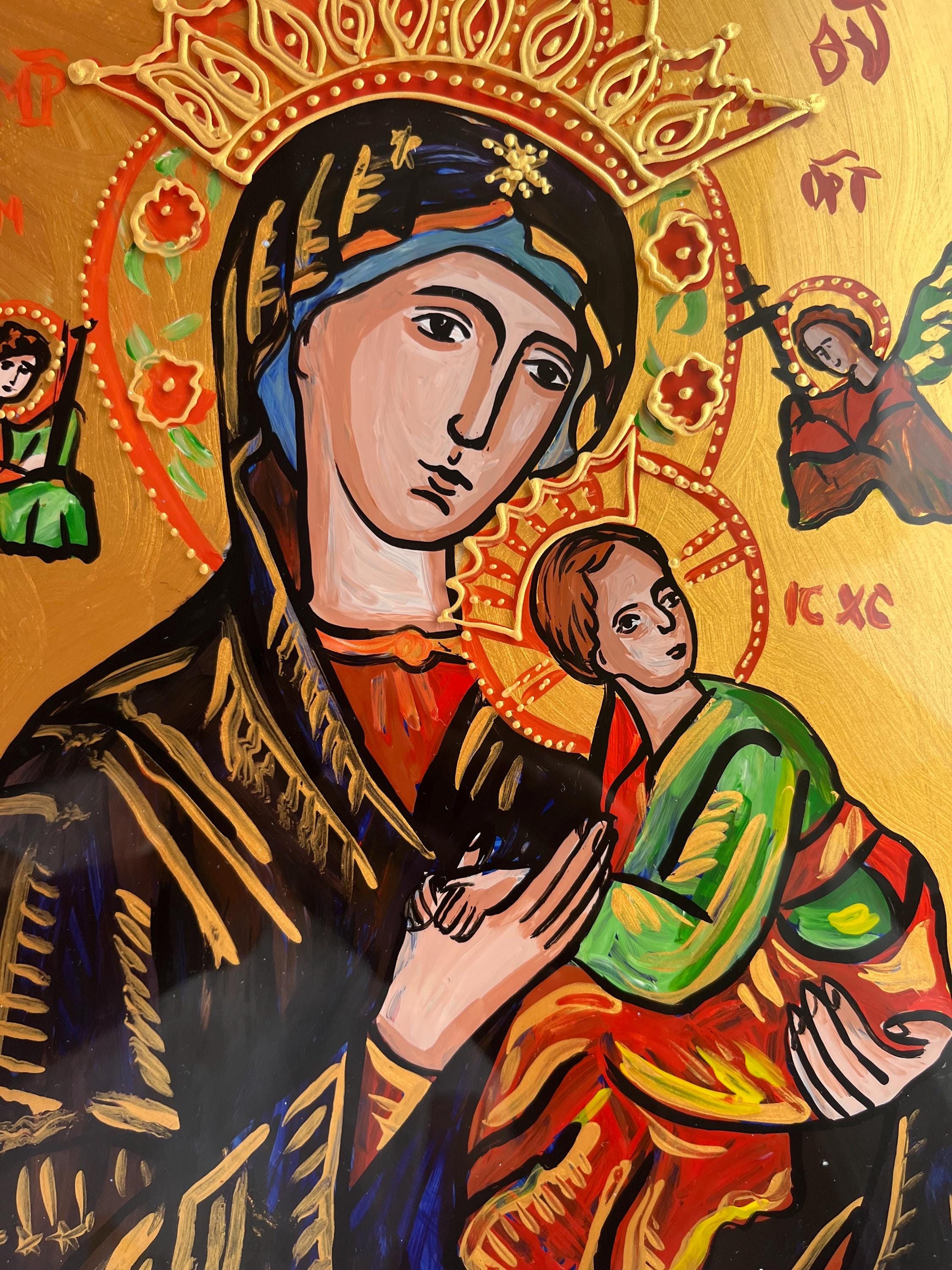 永遠の助けの聖母のイコン – 手描きの聖母マリアと幼子、正教会と