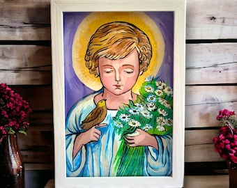 Icono personalizado del Ángel de la Guarda para niño – Regalo de bautizo pintado a mano, arte cristiano para la habitación del bebé, incluye nombre, decoración católica para la habitación del bebé