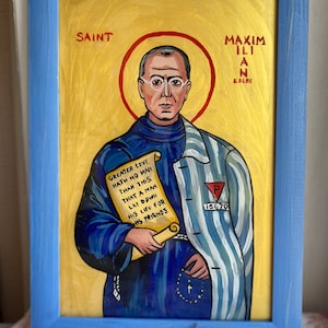 Saint Maximilien Maria Kolbe, icône originale catholique peinte à la main, saints chrétiens polonais, icône d'oeuvre d'art sur verre, cadeau religieux