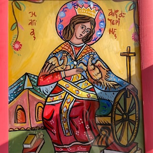 St. Saint Catherine Icon, Christian Greek Orthodox Handmade Icon, Custom Folk Glass Icon,  Christian Greek Art Wall Hanging