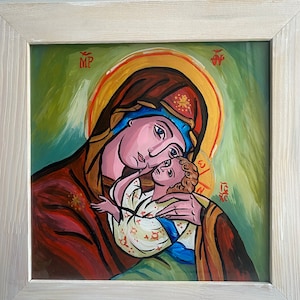Icono de Nuestra Señora de la Ternura pintado a mano sobre vidrio — Virgen María Eleusa