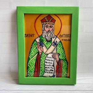 Saint Patrick of Ireland Icon, Handpainted Catholic Icon, Saint Patrick Icon, Religious Painting on Glass, Hand Painted Icon for Home