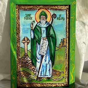Icoon van Saint Patrick van Ierland op glas – handgeschilderde orthodoxe en katholieke gebedskunst