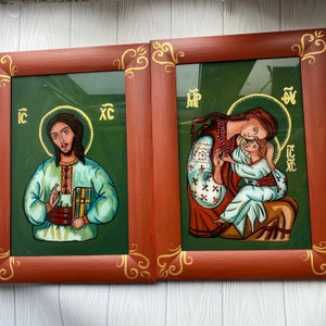 Wedding Couple Icons,  Orthodox Hand Painted icon of Jesus Christ and Virgin Mary with Jesus, Ukrainian Wedding Icons  Gift for Newlyweds