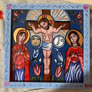 Crucifixion of Jesus Christ Ukrainian Folk icon , Glass Icon of Jesus Christ, Hand Painted Orthodox Icon, Religious Painting on Glass