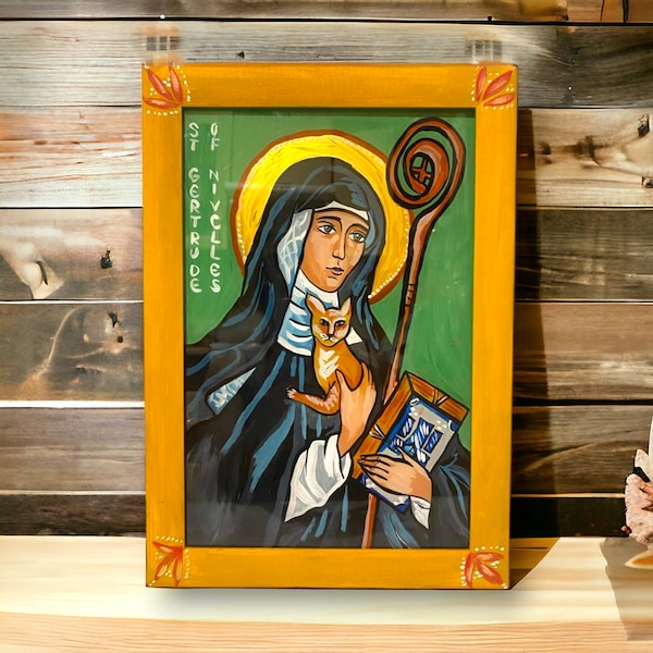 Katholiek icoon van St. Gertrude van Nijvel, orthodoxe katholieke religieuze iconografie, christelijke kunst, katholieke wanddecoratie, handgemaakt icoon