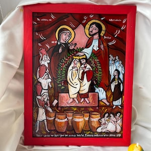 Wedding at Cana Religious Artwork, Marriage in Kana, Orthodox Handmade Icon, Religious Gift for Christian WallDecor, Painting on Glass