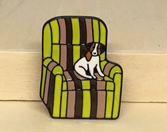 Eddie the Dog Waiting For His Master To Come Home In His Favorite Chair Pin- Enamel