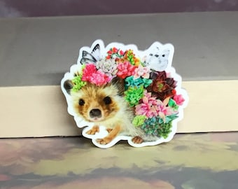 Floral Hedgehog with Butterflies Pin- Acrylic