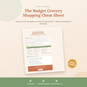 Può includere: Un documento digitale intitolato The Budget Grocery Shopping Cheat Sheet di Heidi Naturally. Questo PDF stampabile di una pagina presenta strategie per ridurre la spesa alimentare, inclusi suggerimenti e una lista di controllo.