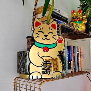 Handmade Japanese Gold Waving Cat Mirror | Maneki-neko | Lucky Symbol | Wall Art | Boho Wall Decor | Feng Shui