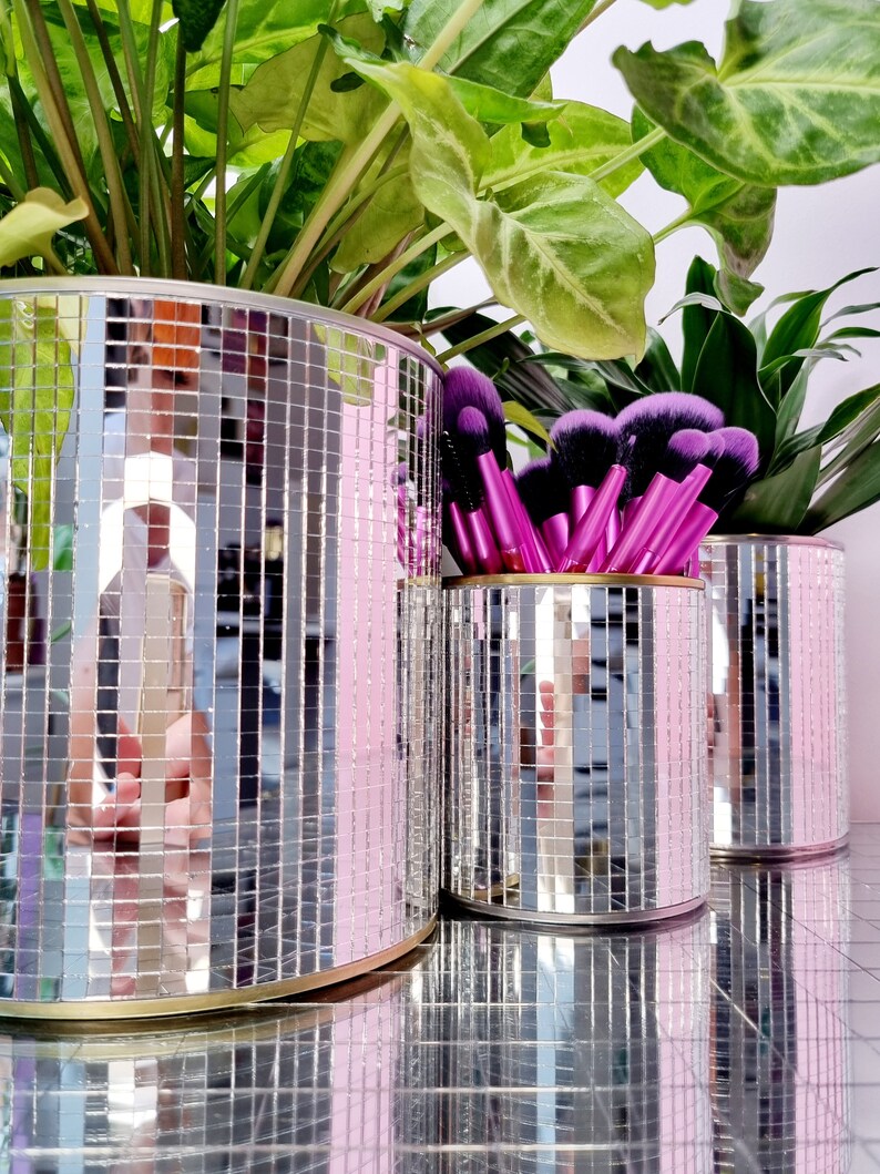Handmade Disco Mirror Ball Planter Make up Brush Pot Plant Etsy