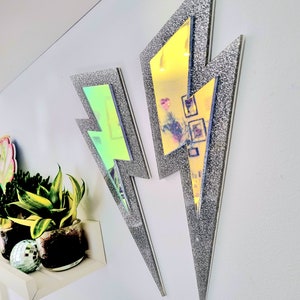 Iridescent Holographic Lightning Bolt | Thunderbolt | Silver Glitter | Handmade Mirror Wall Decor Mirror