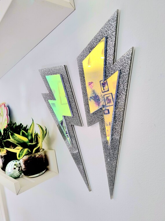 Iridescent Holographic Lightning Bolt Wall Art Thunderbolt Silver Glitter Handmade Mirror Wall Decor Mirror Etsy