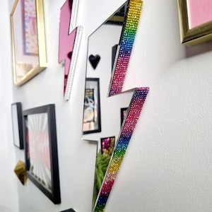 Handmade Rainbow Lightning Bolt Mirror | Wall Decor | Eclectic | Thunderbolt | Lightening Bolt | Dopamine Decor | Crystal Rhinestones