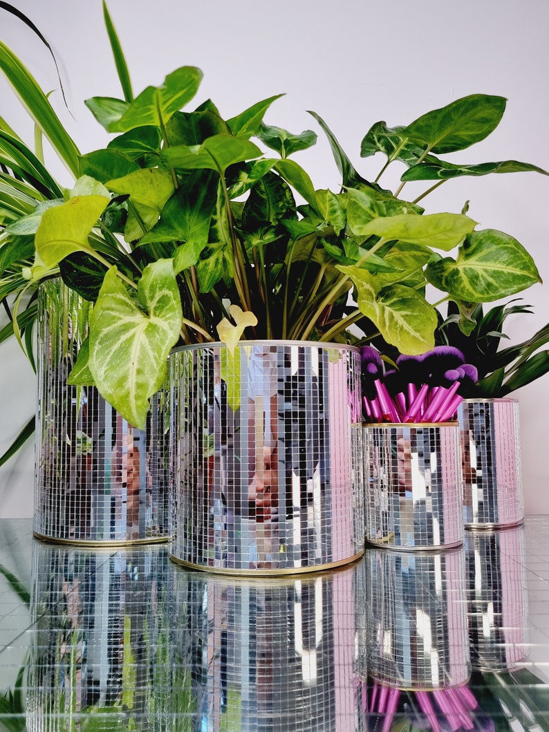 Handmade Disco Mirror Ball Planter Make up Brush Pot Plant Etsy