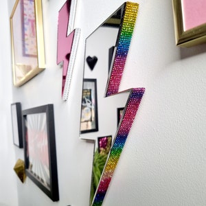 Handmade Rainbow Lightning Bolt Mirror | Wall Decor | Eclectic | Thunderbolt | Lightening Bolt | Dopamine Decor | Crystal Rhinestones