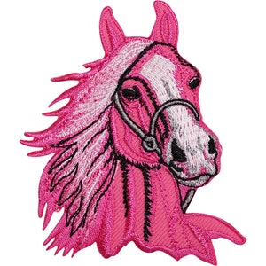 May include: Pink embroidered horse head patch with a white mane and a black bridle.