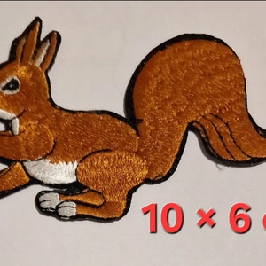 May include: Brown embroidered squirrel holding a red acorn. The squirrel is 10 x 6 cm.