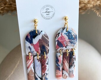 Polymer clay earrings. Gold earrings. Ocean  earrings. Occasion jewelry. Vacation earrings. Watercolor earrings. Lightweight jewelry. Blue