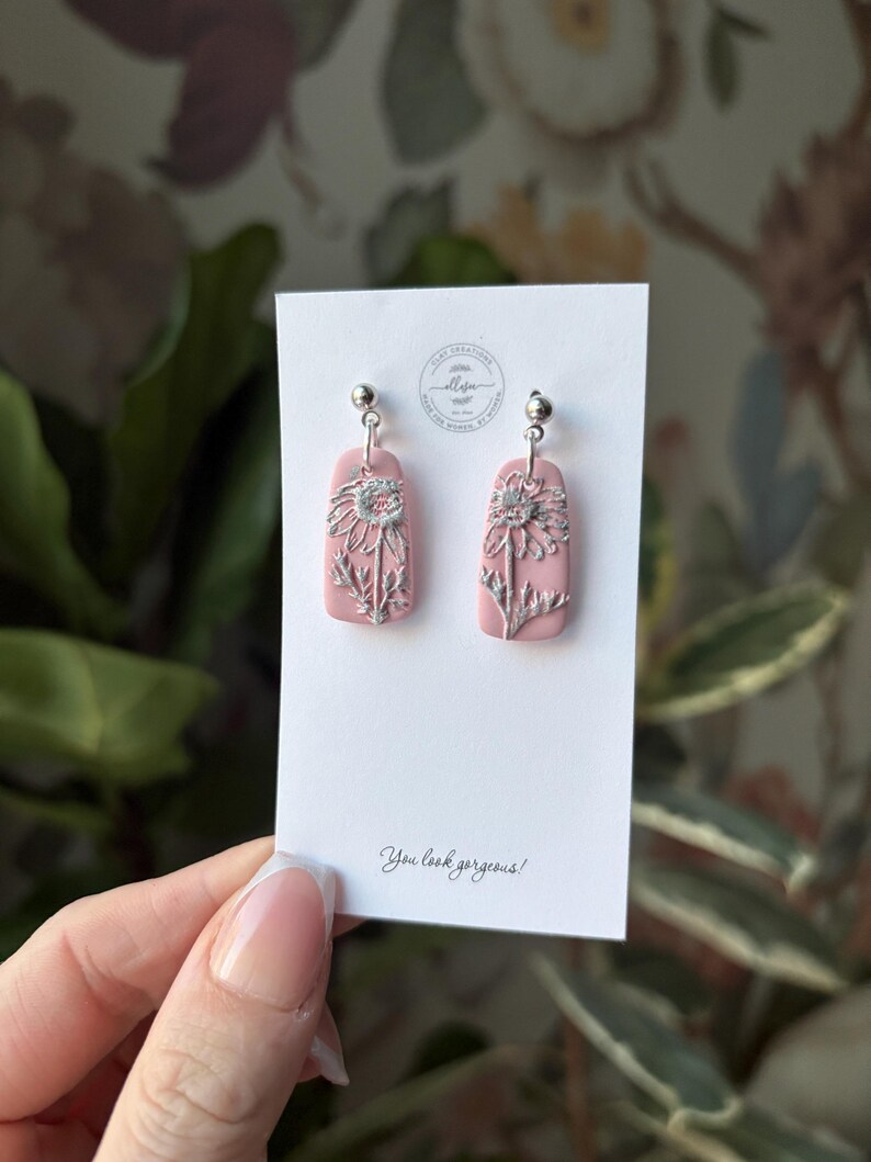 Polymer clay earrings. Sunflower earrings. Floral earrings. Gift for her. Minimalist earrings. Gold earrings. Tile earrings. Gift for mom. image 11