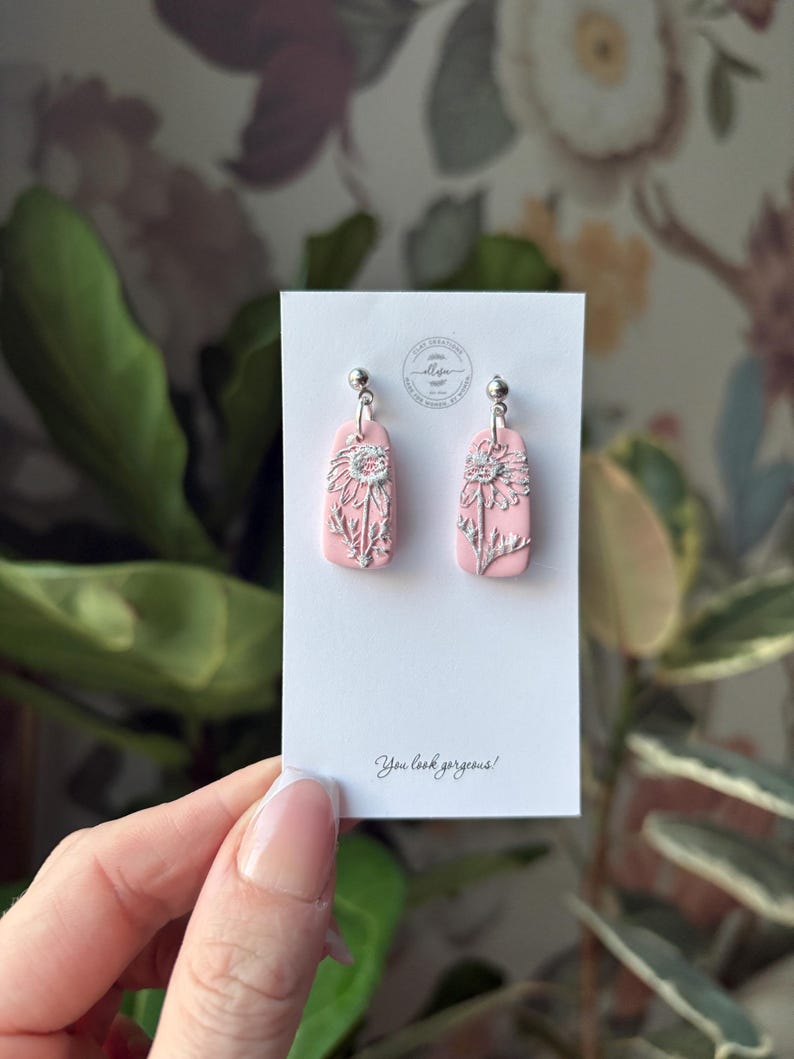 Polymer clay earrings. Sunflower earrings. Floral earrings. Gift for her. Minimalist earrings. Gold earrings. Tile earrings. Gift for mom. image 12