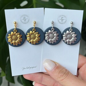 Sunflower earrings. Statement earrings. Gold earrings. Polymer clay earrings. Flower polymer clay earrings. Circle earrings. Fall fashion.