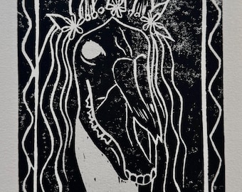Grabado en linóleo de Mari Lwyd