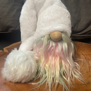 Rainbow beard Gnome, Pink Long Hair Beard Gnome, White Fuzzy Fabric hat, Tier tray