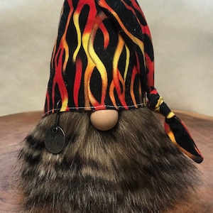 Red and yellow Flames on brown strip beard gnome, Decorating Gnomes, Personality Fairy, Tiered Tray Gnomes