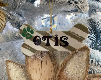 Dog Bone Ornament, Custom Dog Ornament, Porcelain Dog Bone, Personalized Christmas Ornament, pet gift, Dog Lover, Gift for Dog, Dog Adoption