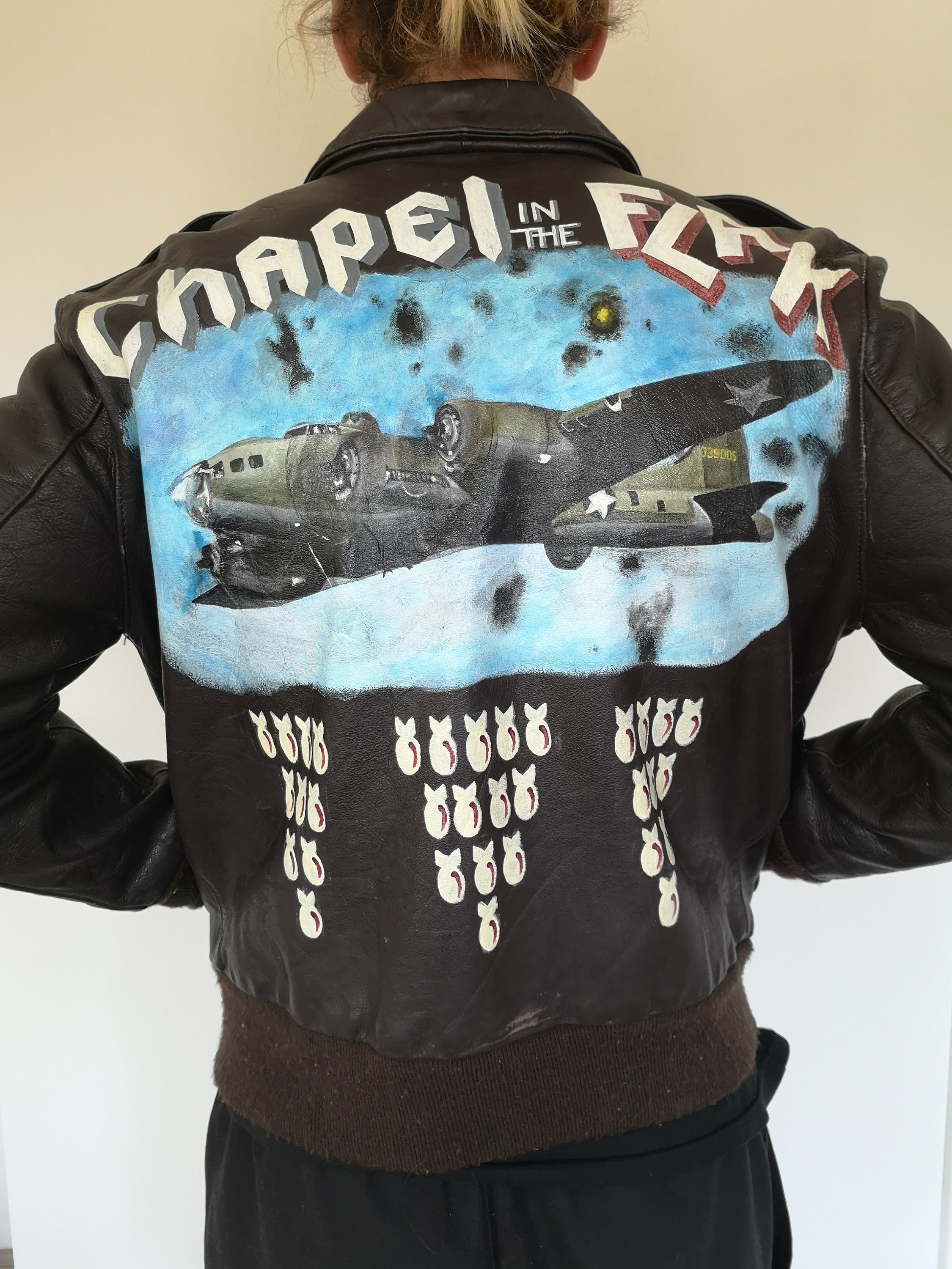 Hand Painted Men's WW2 Inspired Nose Art Flight Jacket With Chapel